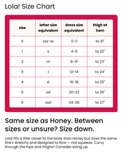 Size chart for Lola! chafe fighting slip shorts, number sizes 0-6, letter equivalent sizes xxs-xxxl, and dress size equivalents from 0-26. Also has a thigh at hem measurement for each size. More size details on the site.