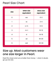 Pearl panty + half slip size chart from undergoodies. Sizes run 0-6, with letter size equivalent of xxs-xxxl, and dress size equivalents 0-24. Additional sizing details on site.