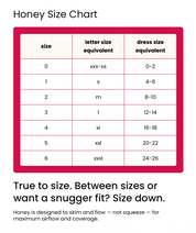 A size chart graphic titled 'Honey Size Chart' with a pink table mapping size numbers 0 through 6 to letter size equivalents (xxs-xxl) and dress size equivalents (0-2 through 24-26). Text below says 'True to size.